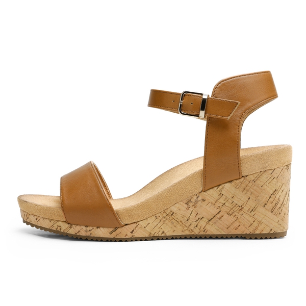Buckle Platform Wedge Sandals - CAMEL PU - 1